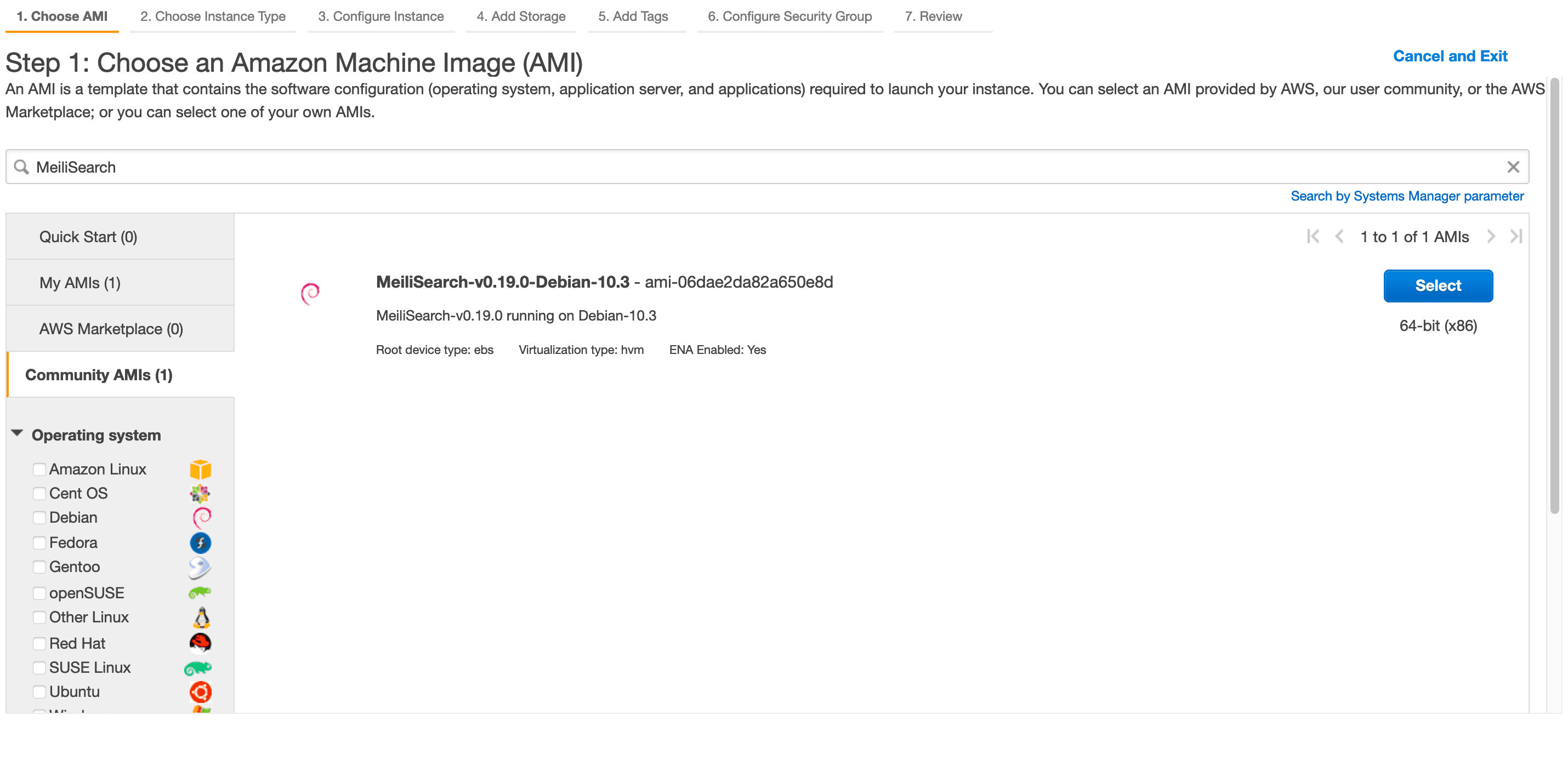 Page titled: 'Step 1: Choose an Amazon Machine Image (AMI)'