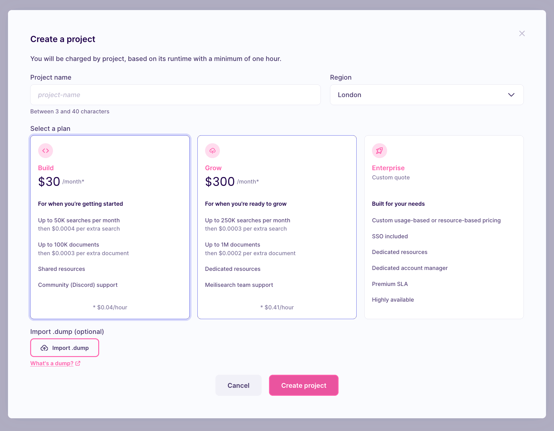 A variation of the previous modal window with an extra mandatory field: "Select a plan". There are four billing plan options, from cheapest to most expensive: "Build", "Grow", "Pro", and "Enterprise"