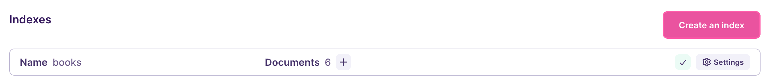 A list of indexes in a Meilisearch Cloud project. It shows an index named "books" along with a few icons and buttons. One of these buttons is "Settings."