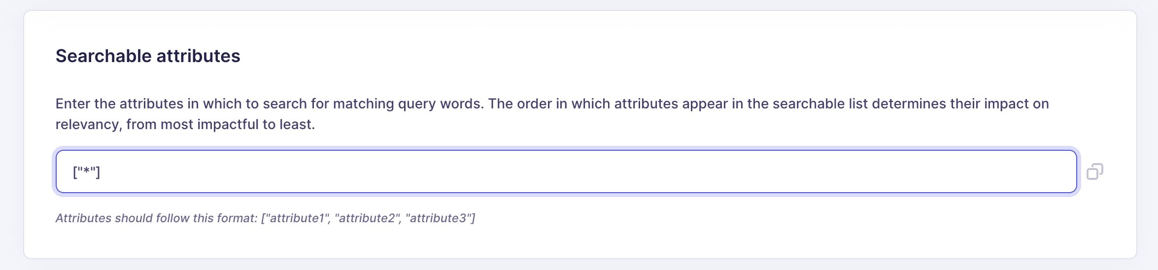 The "Searchable attributes" configuration section showing the default setting value.