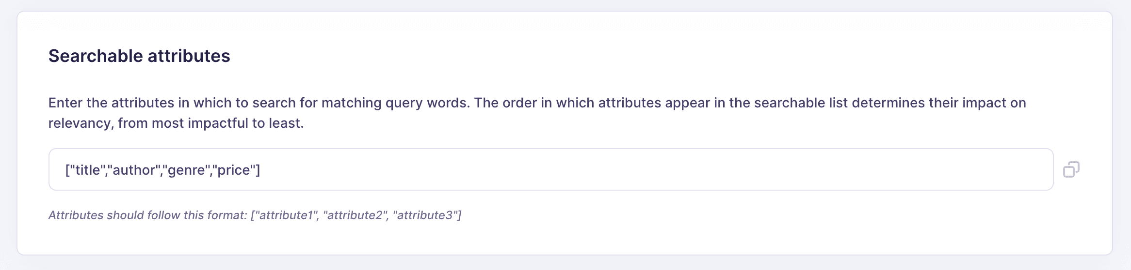 The "Searchable attributes" configuration section showing the new setting value: ["title","author","genre","price"].