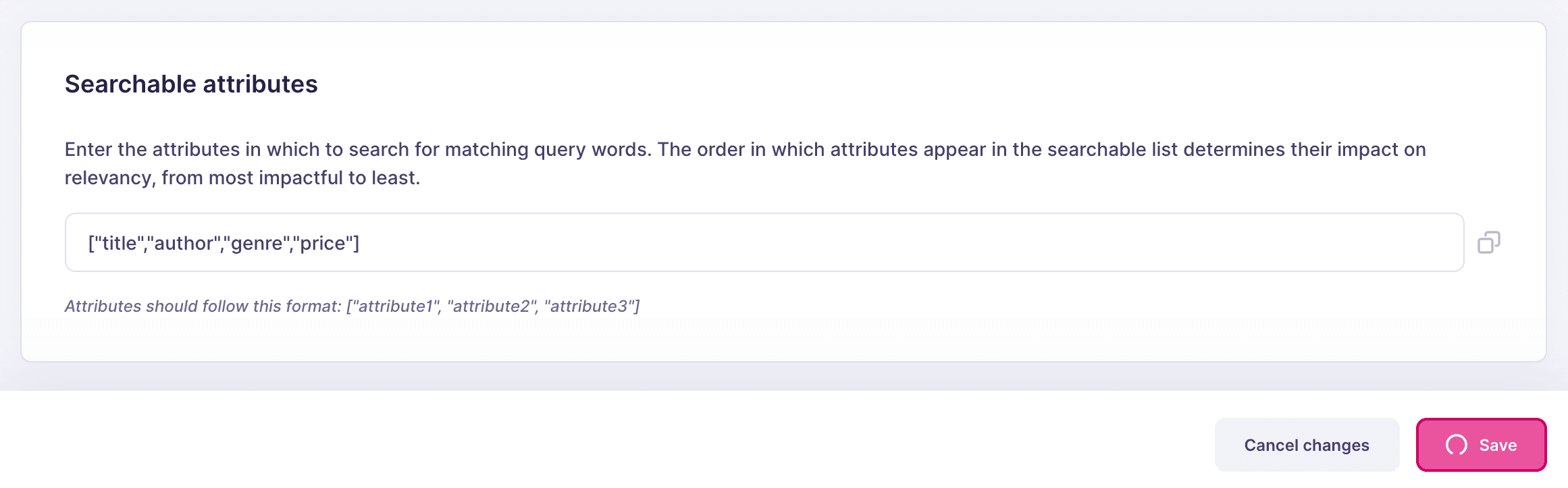 The "Searchable attributes" configuration section showing two buttons at the bottom of the screen. The "Save" button now has a spinning loading icon.