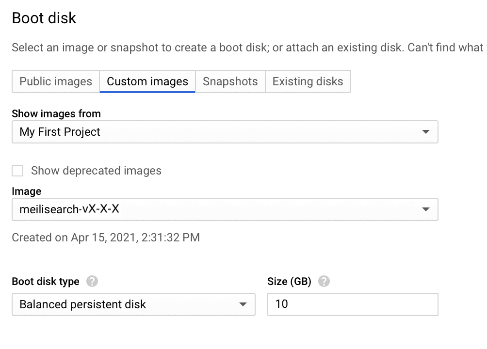 Selecting the 'Balanced persistent disk' Boot disk type and 10GB Size