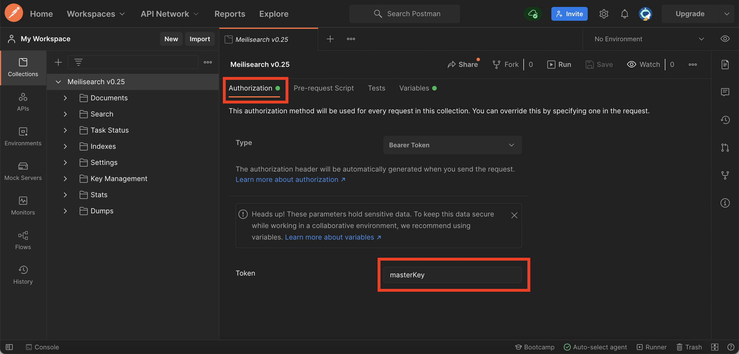 The "Token" field set to masterKey and "Type" to Bearer Token in the "Authorization" tab.