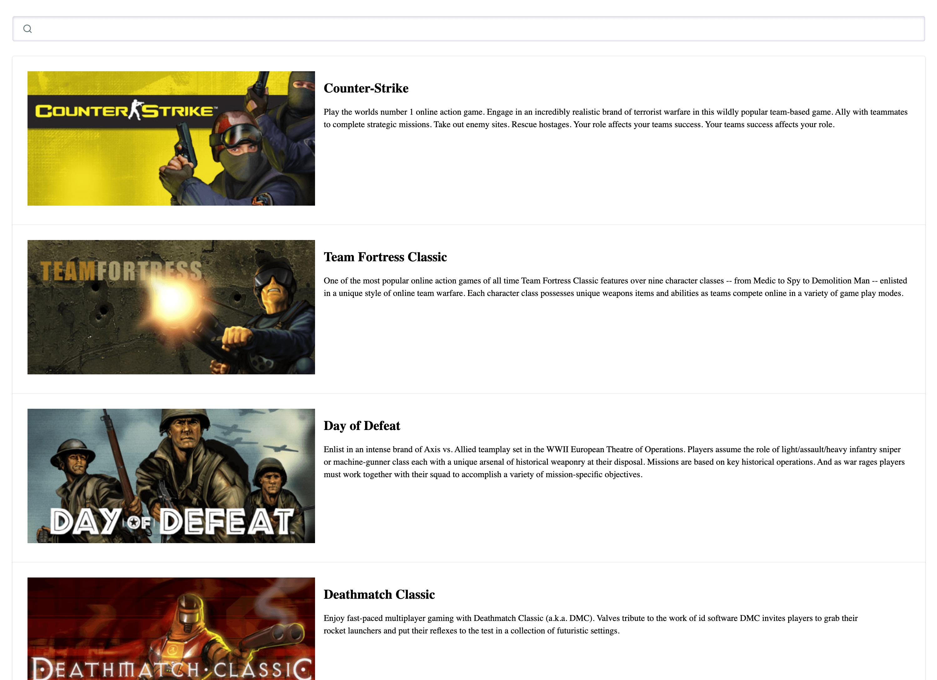 Vue app search UI with a search bar at the top and search results for a few video games