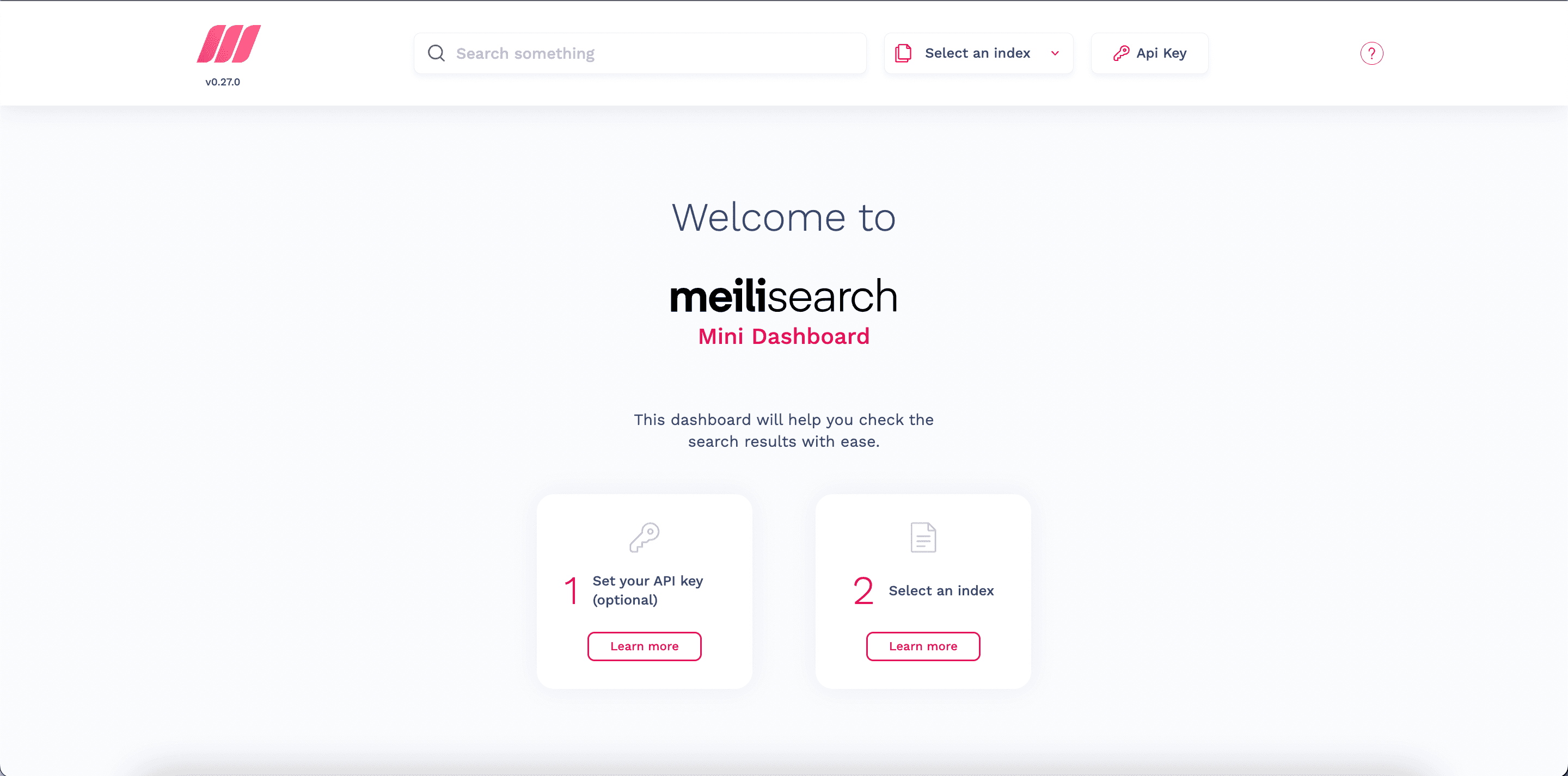 Meilisearch search preview instructing the user to set an API key and configure an index