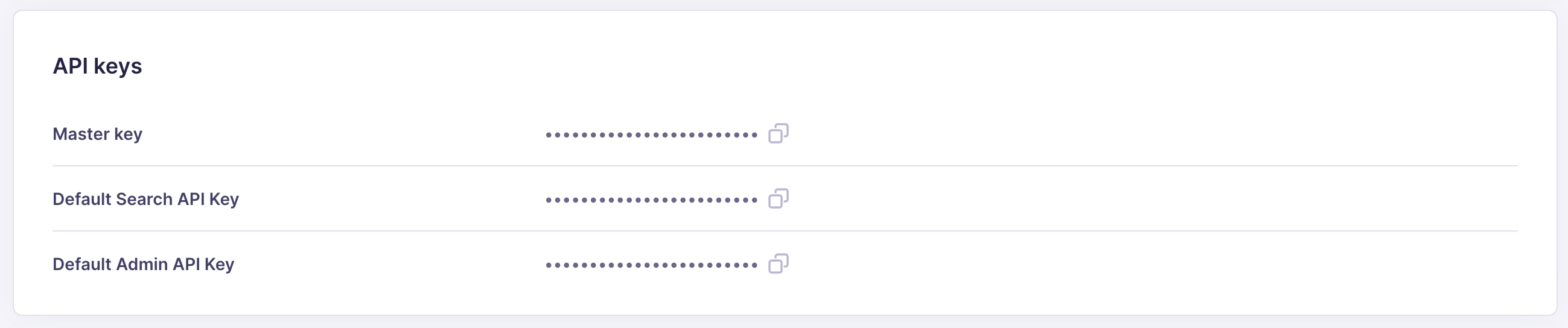 An interface element named "API keys" showing three obscured keys: "Master key", "Default Search API Key", and "Default Admin API Key"